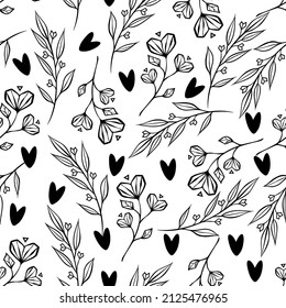 Ilustración vectorial, composición con corazón, hojas, fondo claro, patrón ininterrumpido