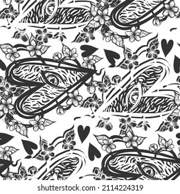 Ilustración vectorial, composición con corazones, flores, ojos, fondo claro, patrón sin fisuras