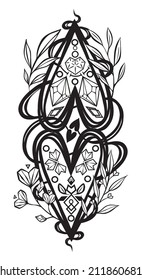 Vector illustration, composition with hearts, leaves, crystals, handmade, postcard