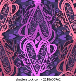 Vector illustration, composition with hearts, leaves, crystals, dark background, seamless pattern
