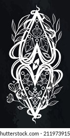 Ilustración vectorial, composición con corazones, hojas, cristales, hechos a mano, pizarra de fondo