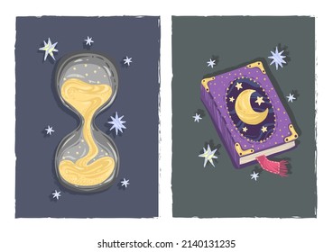 Vector illustration. Composition hourglass, book with fairy tales, handmade, postcard