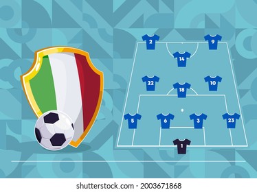 vector illustration of the composition of the Italian national football team, a shield with the flag of Italy, a football, a schematic arrangement of field players on the football field