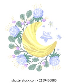 Vector illustration. Composition with moon, flowers, leaves, handmade, postcard