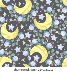 Vector illustration. Composition with moon, flowers, leaves, dark background, seamless pattern
