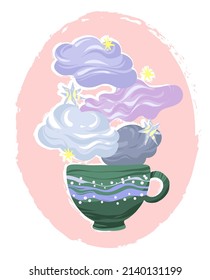 Vector illustration. Composition mug with clouds, stars, handmade, postcard