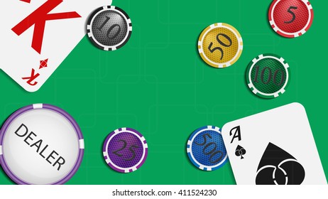 Vector illustration. The composition of the playing cards and poker chips. Green baize gaming table with space for your text.