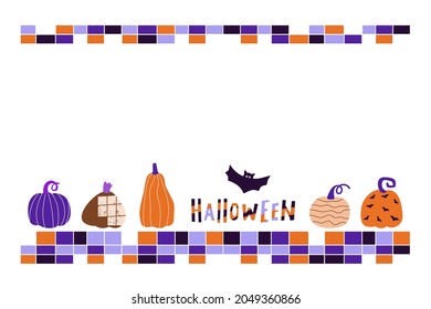 Vector illustration of a composition of pumpkins for Halloween. Against a background of colored squares. For poster, postcard, congratulations. Bright colors, orange and purple. Hand drawn style