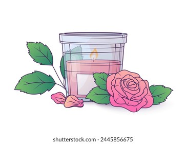 Vector illustration of composition with scented candle with rose flower. Decorative burning candlelight with flame isolated on white background. Aromatherapy wax lit candles, cozy home accessory.