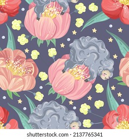 Vector illustration. Composition with Sheep sleeps on peonies, dark background, seamless pattern