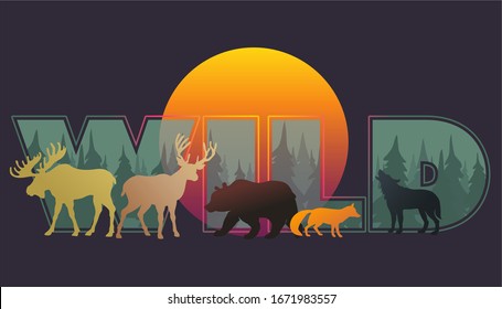 Vector illustration composition of silhouettes of wild animals in the forest Elk; Deer; Bear; Wolf; Fox; Hare. Background thematic wallpapers design; educational literature; magazine; book; booklet.