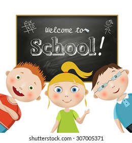 Vector illustration. Composition with students on a school blackboard background with a freehand drawning text, Welcome to School on a white background. School.