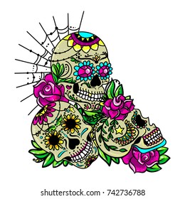 Vector illustration. Composition of sugar skulls. Design for the day of death or Halloween.