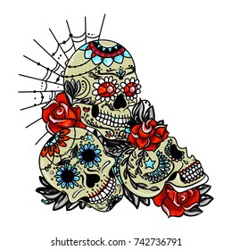 Vector illustration. Composition of sugar skulls. Design for the day of death or Halloween.