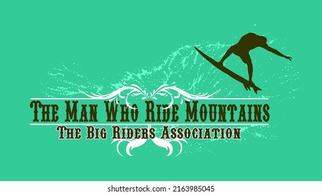 Vector illustration of composition with surfer silhouette and text alluding to sport.