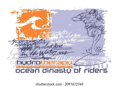 Vector illustration of composition with surfer, text and wave. Art in a rustic style with laid-back features.