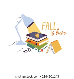 Vector Illustration Composition Table Lamp With Different Books And Glasses. Fall Lettering