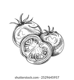 Ilustração vetorial com composição de tomates. Vegetais orgânicos, colheita saudável. Ingredientes para cozinhar, produtos agrícolas. Ilustração desenhada à mão em arte em linha por tintas pretas em plano de fundo isolado