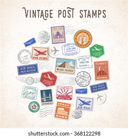 Vector illustration of a Composition of Travel stamps and mail stamps with famous monuments.