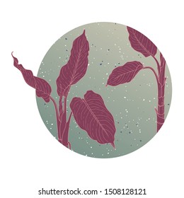 Vector illustration. Composition with tropical leaves in neon colors. Round icon. Decorative element for print, greeting card, invitation, web and social media design. Hand-drawn style.