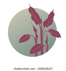 Vector illustration. Composition with tropical leaves in neon colors. Round icon. Decorative element for print, greeting card, invitation, web and social media design. Hand-drawn style.