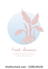 Vector illustration. Composition with tropical leaves in delicate colors. Round icon. Decorative element for print, greeting card, invitation, web and social media design. Hand-drawn style.