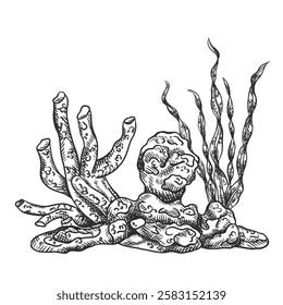 Vector illustration composition with an underwater world. Coral, seaweed and stone rock. Tropical underwater element of natural bottom world. Hand drawn textured sketch in black ink graphically