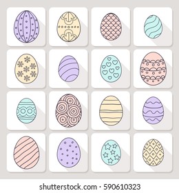 Vector illustration: composition of varicolored egg icons with black stroke ornament on white paper stickers with diagonal shadow for Easter holidays design isolated on creamy background.