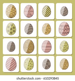 Vector illustration: composition of varicolored egg icons with black stroke ornament on glossy white plastic stickers with shadow for Easter holidays design isolated on pistachio background.