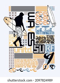 Vector illustration of composition with various elements related to summer and surfing.