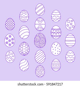 Vector illustration: composition of white contour egg icons with ornament in form of hexagon for Easter holidays design isolated on purple background.