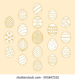 Vector illustration: composition of white contour egg icons with ornament in form of hexagon for Easter holidays design isolated on yellow background.