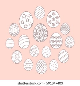 Vector illustration: composition of white egg icons with brown stroke and different ornaments  for Easter holidays design isolated on pink background