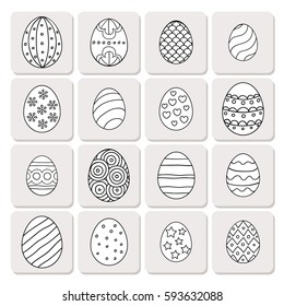 Vector illustration: composition of white egg icons with black stroke ornament on creamy stickers for Easter holidays design isolated on white background.