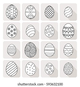 Vector illustration: composition of white egg icons with black stroke ornament on creamy stickers  with diagonal flat shadow for Easter holidays design isolated on white background.