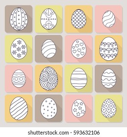 Vector illustration: composition of white egg icons with black stroke ornament and diagonal shadow on colored cardboard stickers for Easter holidays design isolated on creamy background.