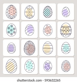 Vector illustration: composition of white egg icons with black stroke ornament and colored yolk on white cardboard stickers for Easter holidays design isolated on creamy background.