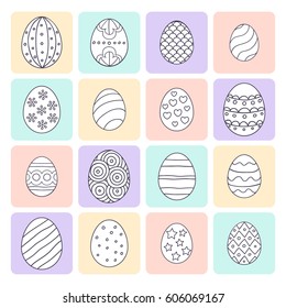 Vector illustration: composition of white egg icons with black stroke ornament on bright colored stickers for Easter holidays design isolated on white background.