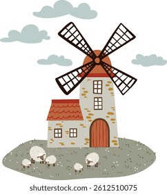 Vector illustration with a composition of a windmill and a sheep in a charming rural style. Perfect for farm-themed designs, children's prints, storybooks, and countryside-related projects.