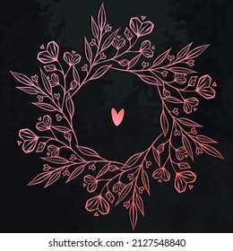 Vector illustration, composition with wreath heart, leaves, background chalkboard