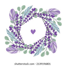 Vector illustration. Composition wreath with leaves, feathers, lavender, handmade, postcard