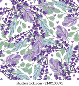 Ilustración vectorial. Correa de composición con hojas, plumas, lavanda, fondo claro, patrón sin soldadura