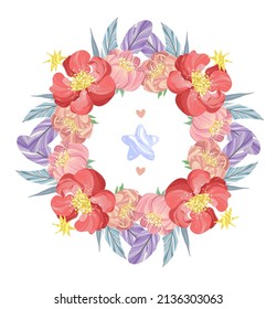 Vector illustration. Composition, wreath with Peonies, feathers, postcard, handmade