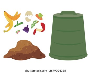 Ilustración vectorial de un contenedor de compost con residuos de alimentos y tierra