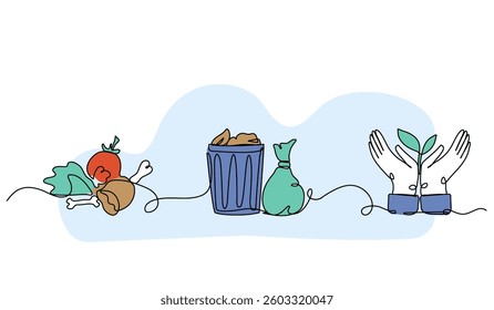 Vector illustration of composting process. Modern flat in continuous line style.