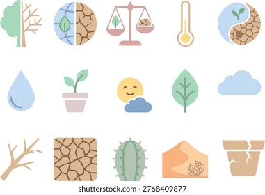 Vector illustration of a comprehensive icon set symbolizing drought, climate change, and environmental challenges.