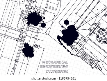Vector illustration. Computer aided design system. Instrument-making. Black Ink. Blots