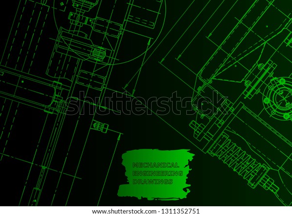 Vector illustration. Computer aided design\
system. Instrument-making. Green\
neon