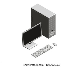 Vector illustration of a computer assembly. Isometry System unit, monitor, keyboard and mouse. 3D.