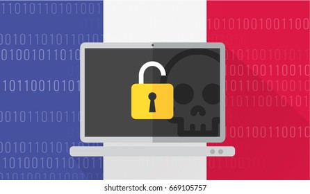 vector illustration of a computer attacked by hacker cybercrime with france flag background